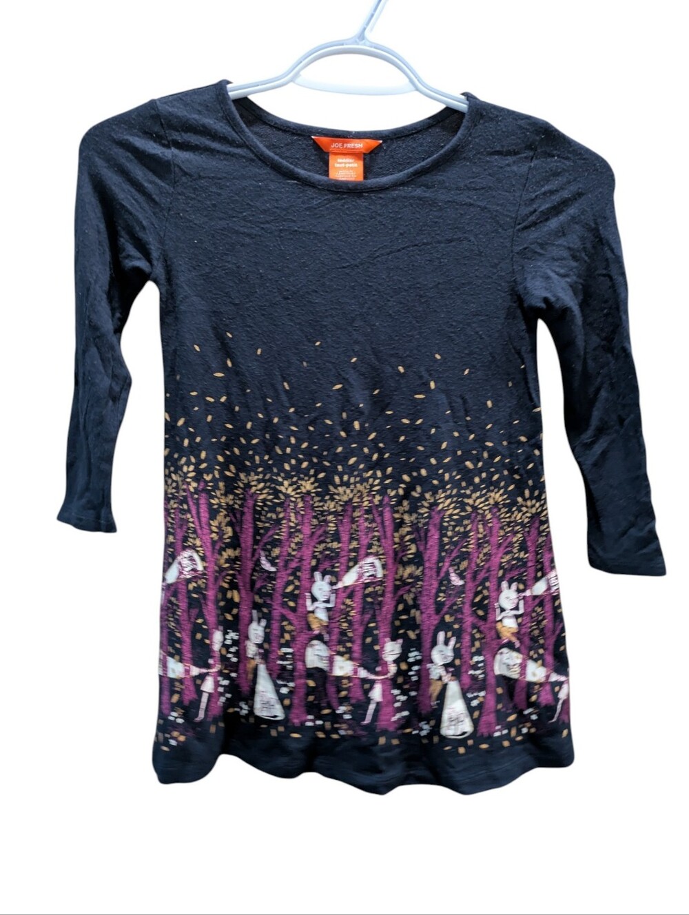 👉10/10$Joe Fresh Black Long Sleeve Dress with Purple Forest and Gold Leaf Motif